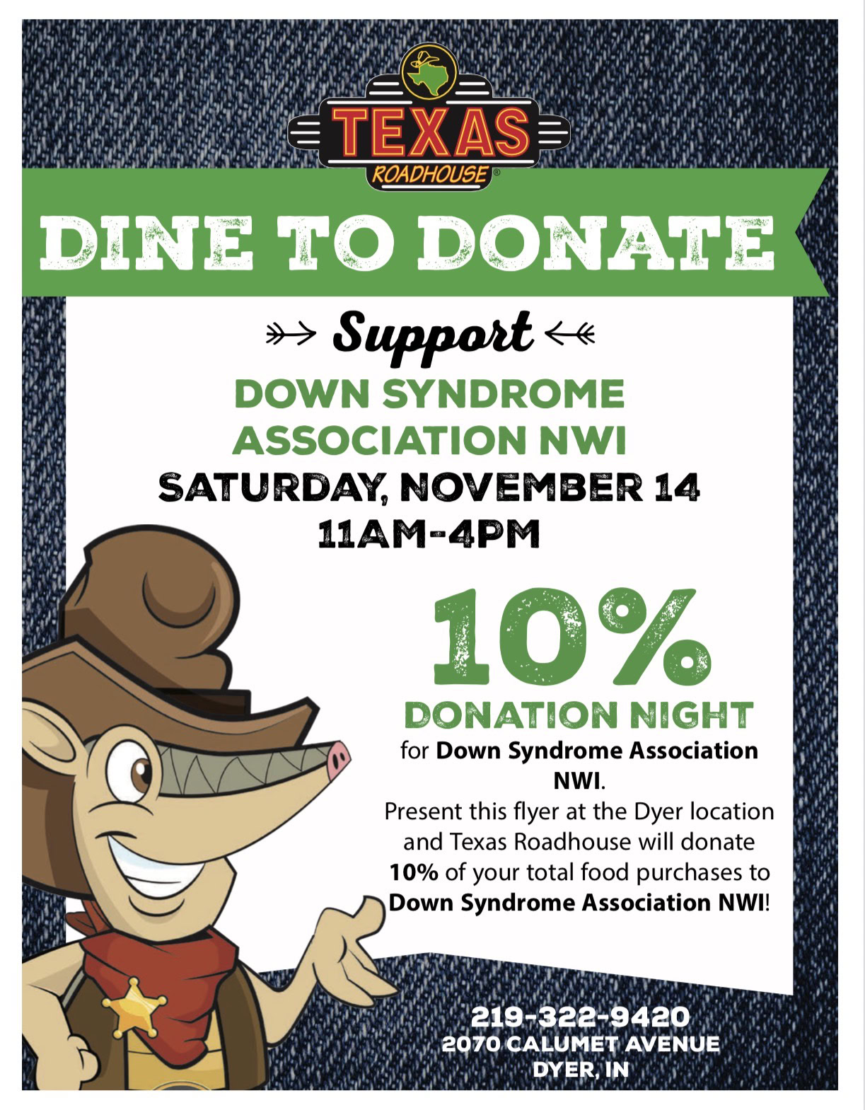 Texas Roadhouse Dine to Donate flyer for DSANWI, Saturday November 14